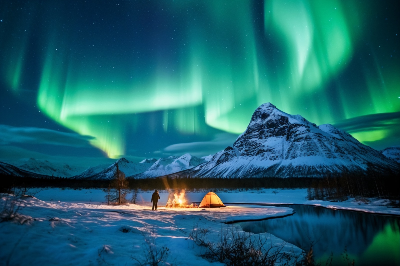 The aurora borealis above a firelit Arctic camp