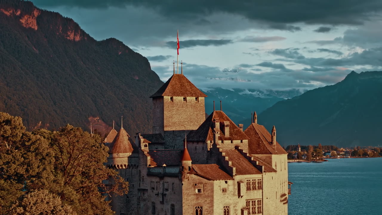 Château de Chillon on Lake Geneva at dusk